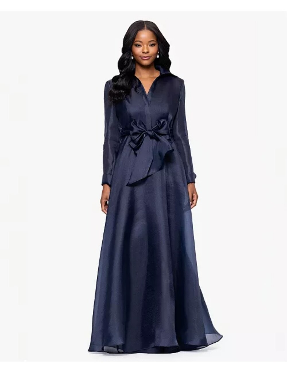 NWT Betsy & Adam Navy Blue Sheer Organza Wrap Maxi Dress 10P $279